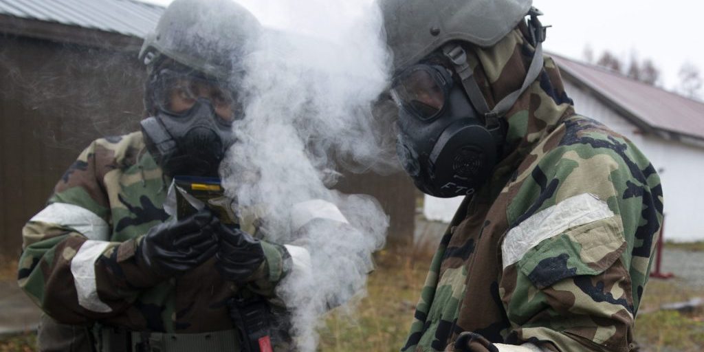 U.S. Airmen assigned to the 673d Air Base Wing use a chemical detection kit in a simulated hazardous environment during Polar Force 20-1 at Joint Base Elmendorf-Richardson, Alaska, Oct. 9, 2019. Designed to test JBER’s mission readiness, Polar Force 20-1 is a two-week exercise that hones Airmen’s skills and experience when facing adverse situations. Airmen refined their contingency tactics, techniques and procedures in support of the Pacific Air Force’s Agile Combat Employment concept of operations. Agile Combat Support excellence yields multi-domain operations success. (U.S. Air Force photo by Airman 1st Class Emily Farnsworth)