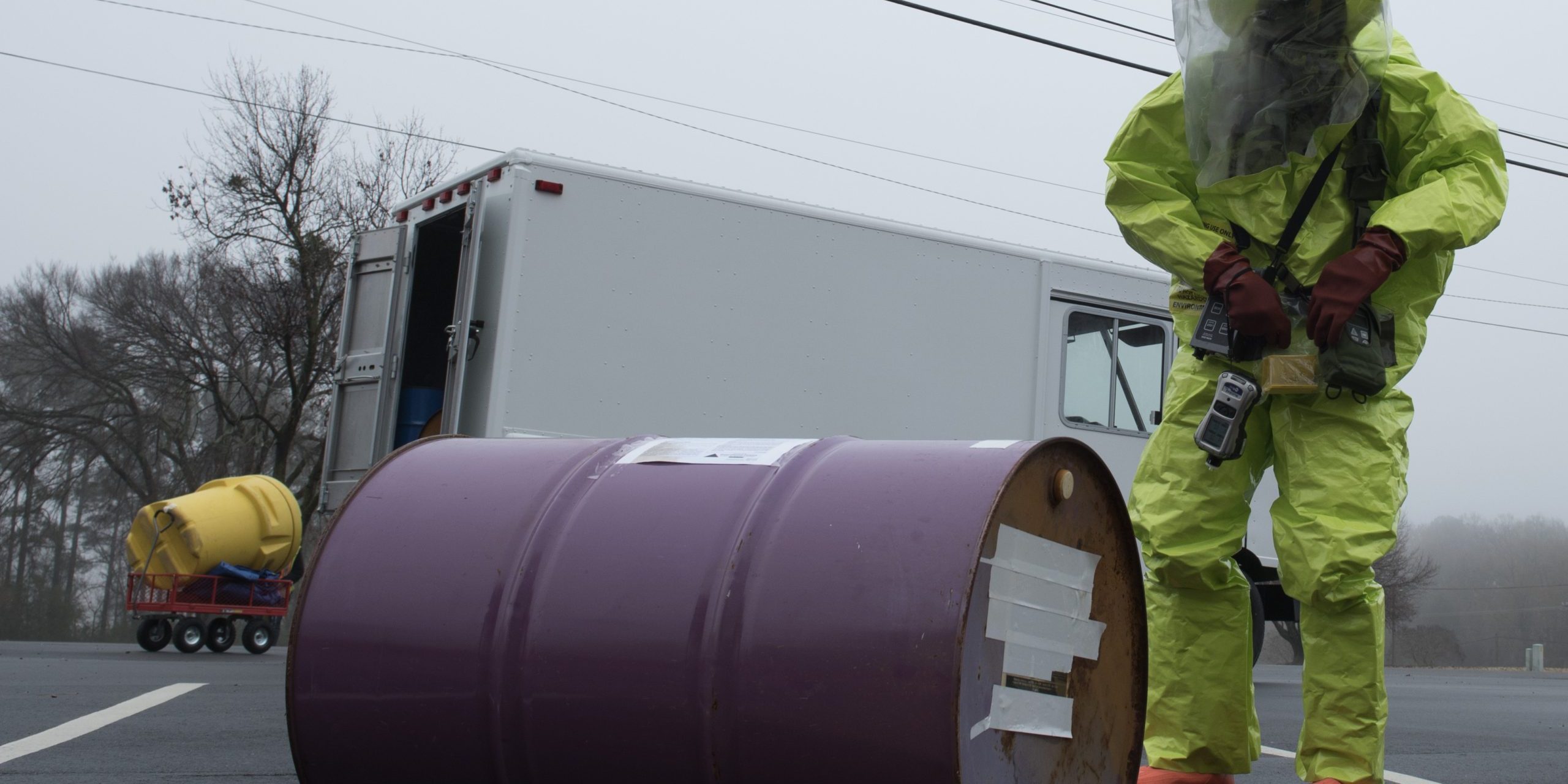 SJ participates in HAZMAT exercise Airman 1st Class Cameron Butler, 4th Civil Engineer Squadron emergency management hazardous material team technician, examines a drum during a Hazardous Material Spill Response exercise, Dec. 9, 2019, in Goldsboro, N.C. The HAZMAT exercise tested the Seymour Johnson Air Force Base Emergency Management team’s response procedures (U.S. Air Force photo by Senior Airman Victoria Boyton).