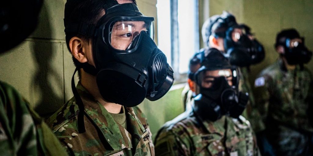 U.S. Army soldiers and South Korea Katusta’s conduct chemical, biological, radiological, and nuclear (CBRN) training, Camp Casey South Korea. CBRN defence or CBRN explosives (CBRNE) defence are protective measures taken in situations in which CBRN warfare (including terrorism) hazards may be present. CBRN defence consists of CBRN passive protection, contamination avoidance, weapons of mass destruction, and mitigation (U.S. Army photo by Spc. Christopher Cameron).