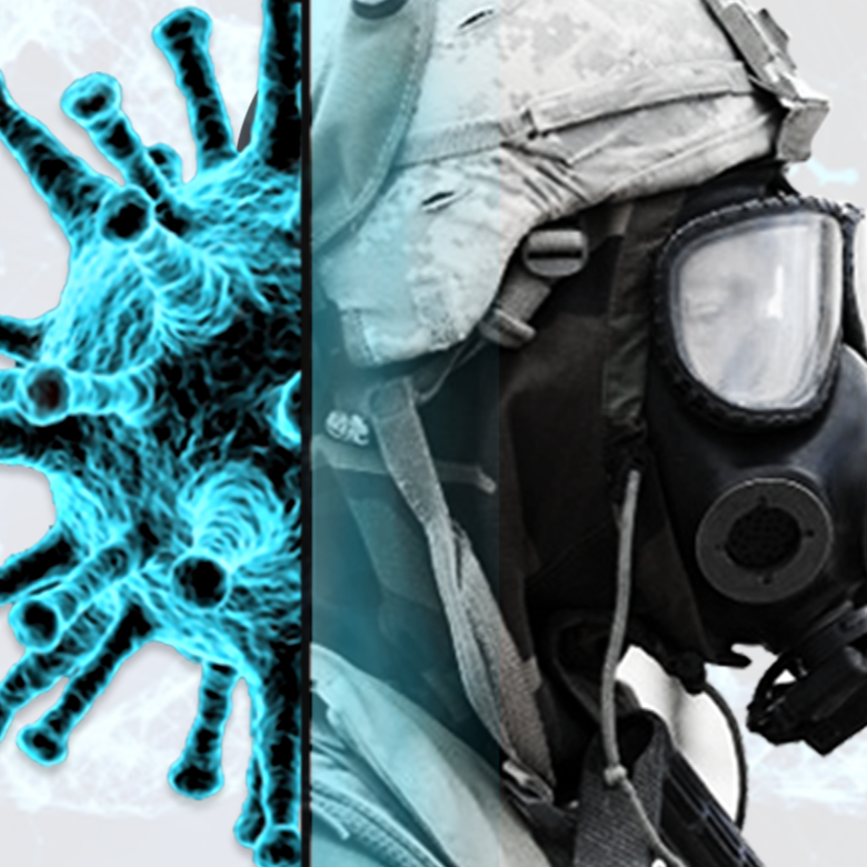 microscopic view of germ and soldier in a gas mask